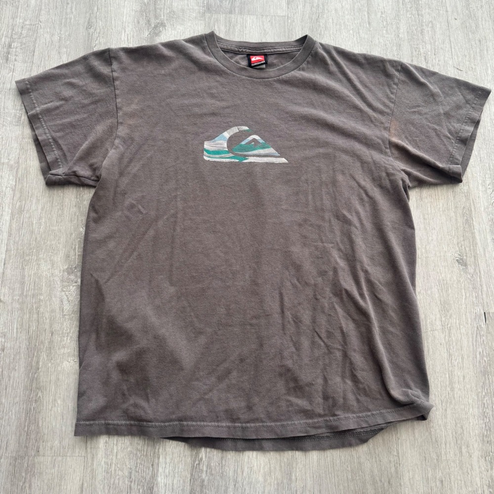 Y2K Quiksilver Mens T-Shirt Brown Graphic Logo Short Sleeve Faded Surf Tee XL